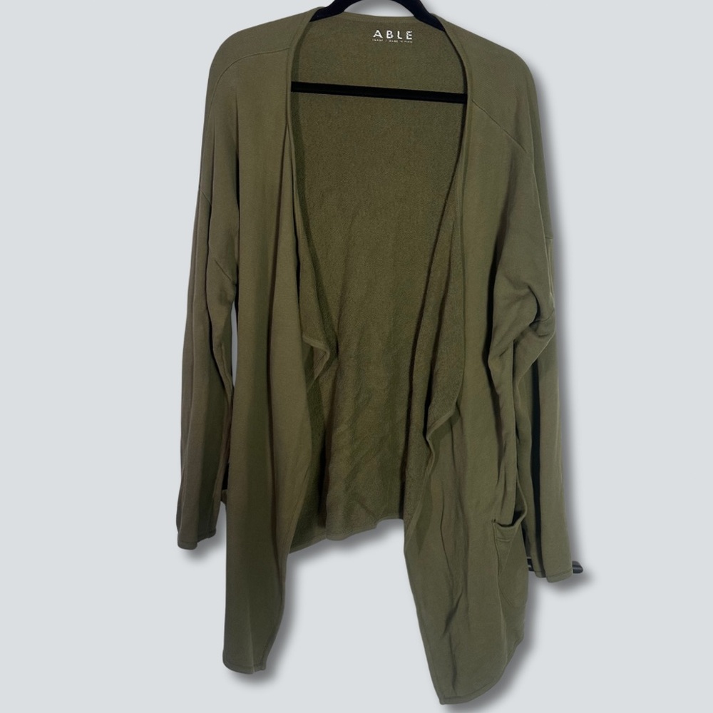 ABLE Women’s Open Front Longline Cardigan Sweater Green Large Pockets Draped